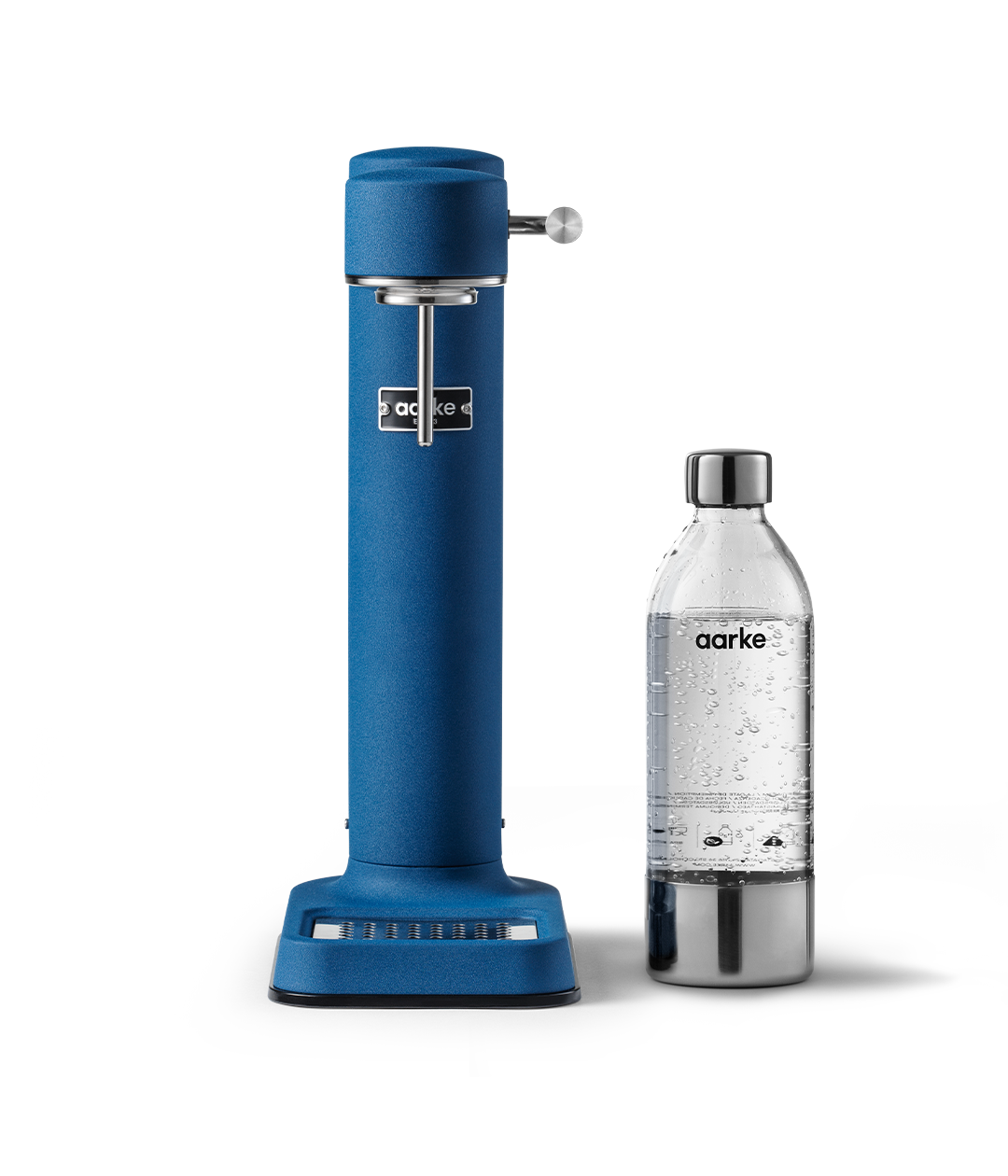 Aarke Carbonator 3 in Cobalt Blue. Front view with PET bottle.