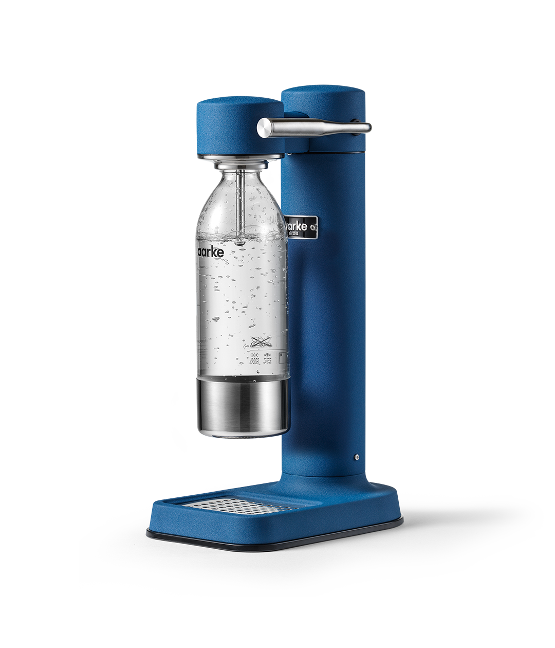 Aarke Carbonator 3 in Cobalt Blue. Side view with PET bottle attached.