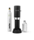 Front view of Aarke Carbonator Pro in matte black, accompanied by a CO2 gas cylinder and a glass bottle filled with sparkling water.