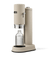 Side view of Aarke Carbonator Pro in Sand with chamber open and glass bottle inside.