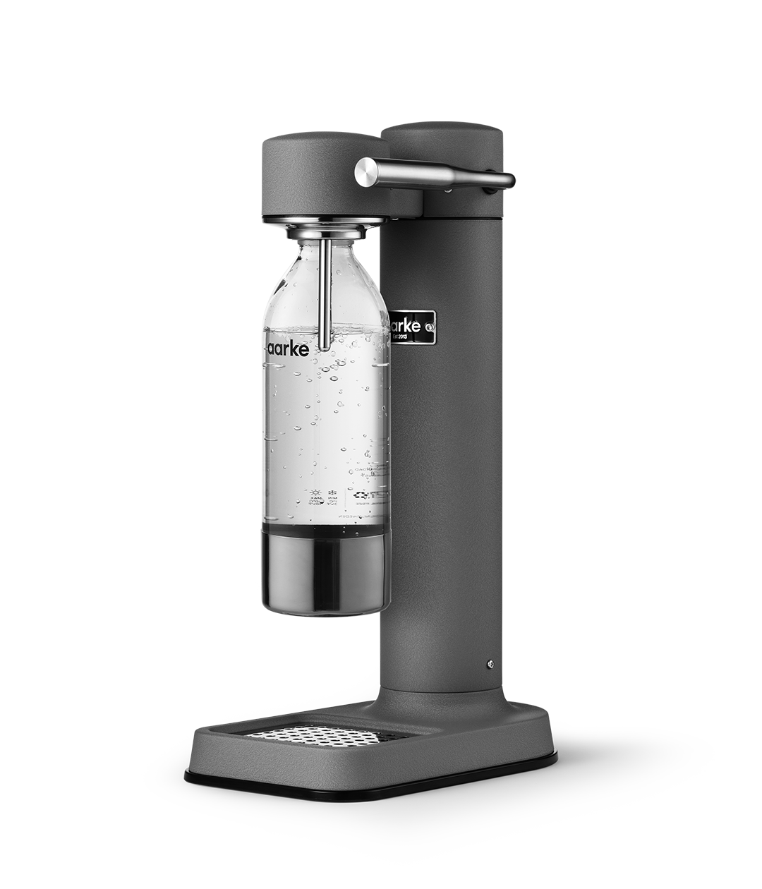 Aarke Carbonator 3 in Matte Grey. Side view with PET bottle attached.