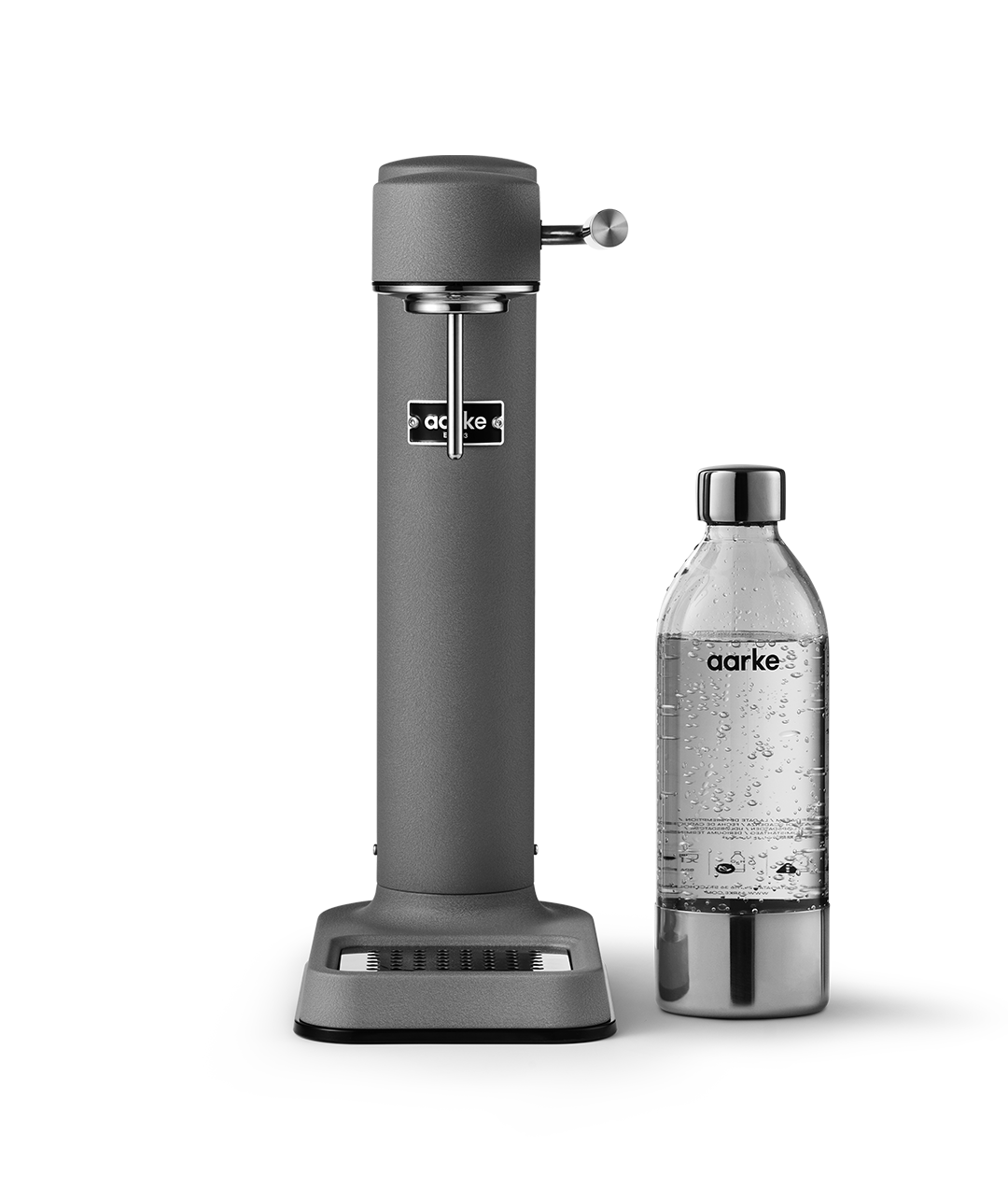 Aarke Carbonator 3 in Matte Grey. Side view with PET Bottle..