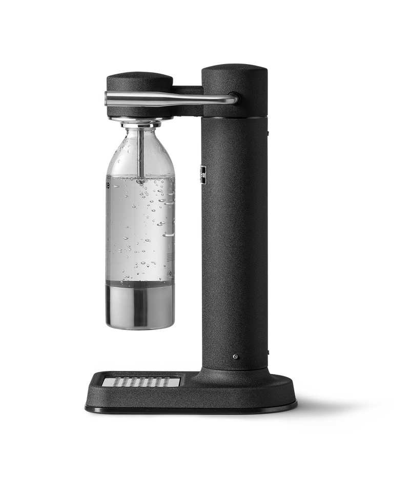 Aarke Carbonator 3 in Matte Black. Side view with PET bottle attached.