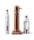 Front view of the Carbonator 3 in Copper beside a PET water bottle and a CO2 gas Cylinder.