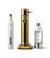 Front view of the Carbonator 3 in Gold beside a PET water bottle and a CO2 Cylinder.