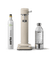 Front view of the Carbonator 3 in Sand beside a PET water bottle and a CO2 gas Cylinder.