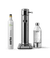 Front view of the Carbonator 3 in Stainless Steel beside a PET water bottle and a CO2 Cylinder.