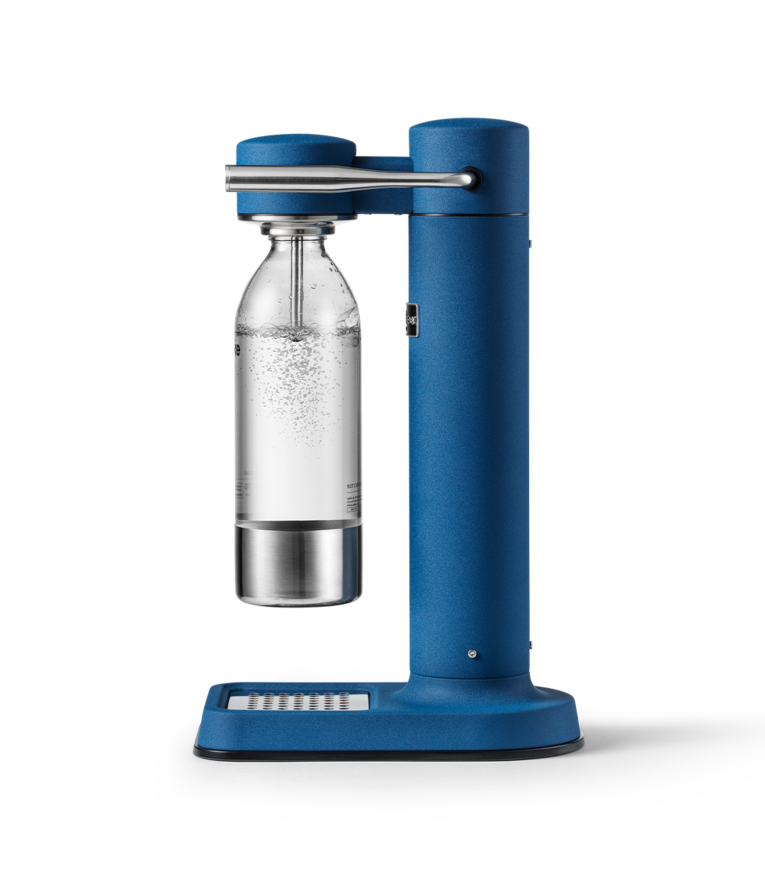 Aarke Carbonator 3 in Cobalt Blue. Side view with bottle attached.
