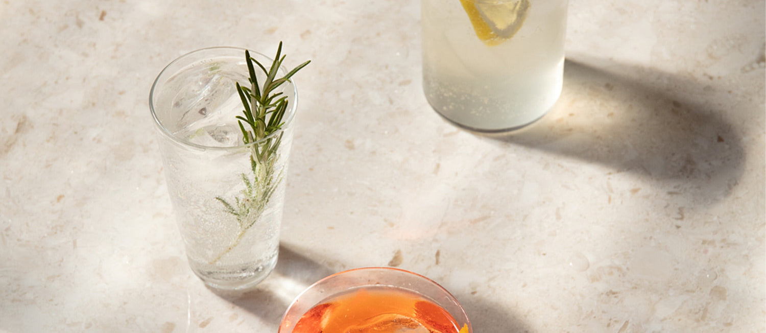 A glass of sparkling water with a rosemary sprig.