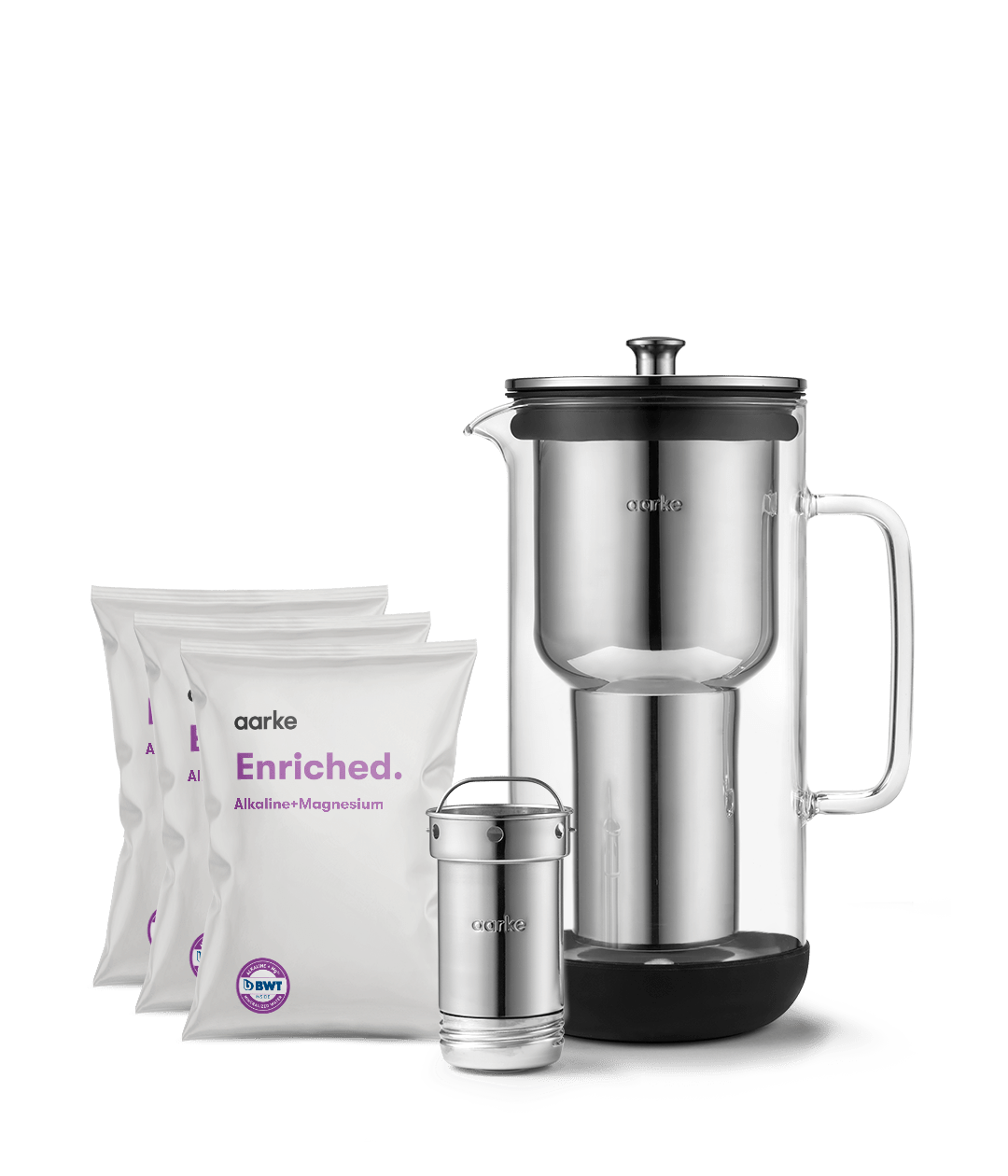 Front view of Purifier Alkaline Kit, including refill bags and filter cartridge.