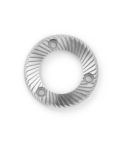 Close-up of the Aarke flat burr coffee grinder burr set in stainless steel, featuring precision-engineered flat burr blades for consistent coffee grinding.