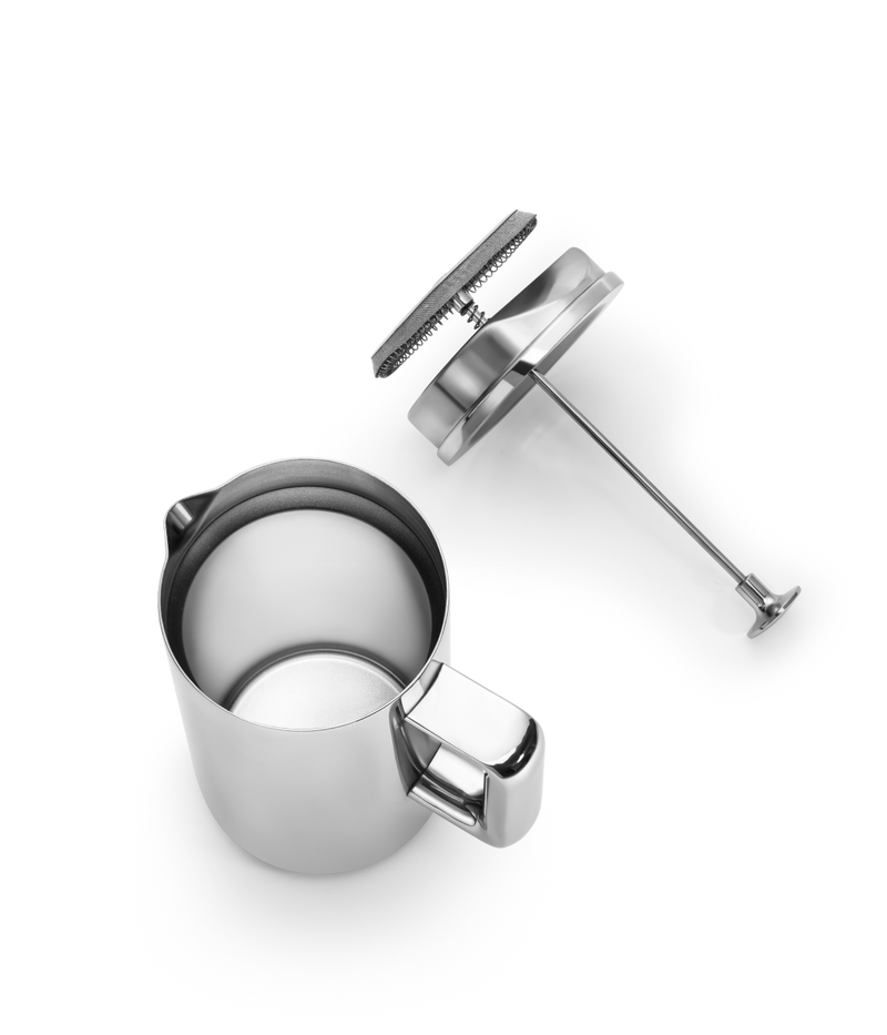 Open Aarke French Press with visible stainless steel interior and handle.
