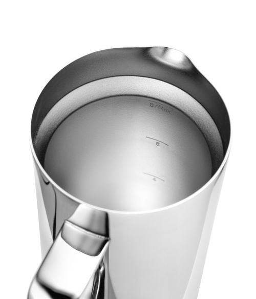 Close-up of Aarke stainless steel French Press interior with max fill line.