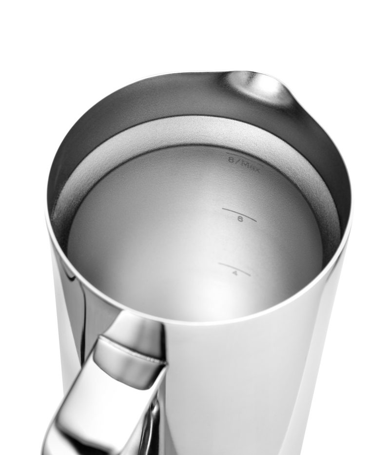 Close-up of Aarke stainless steel French Press interior with max fill line.