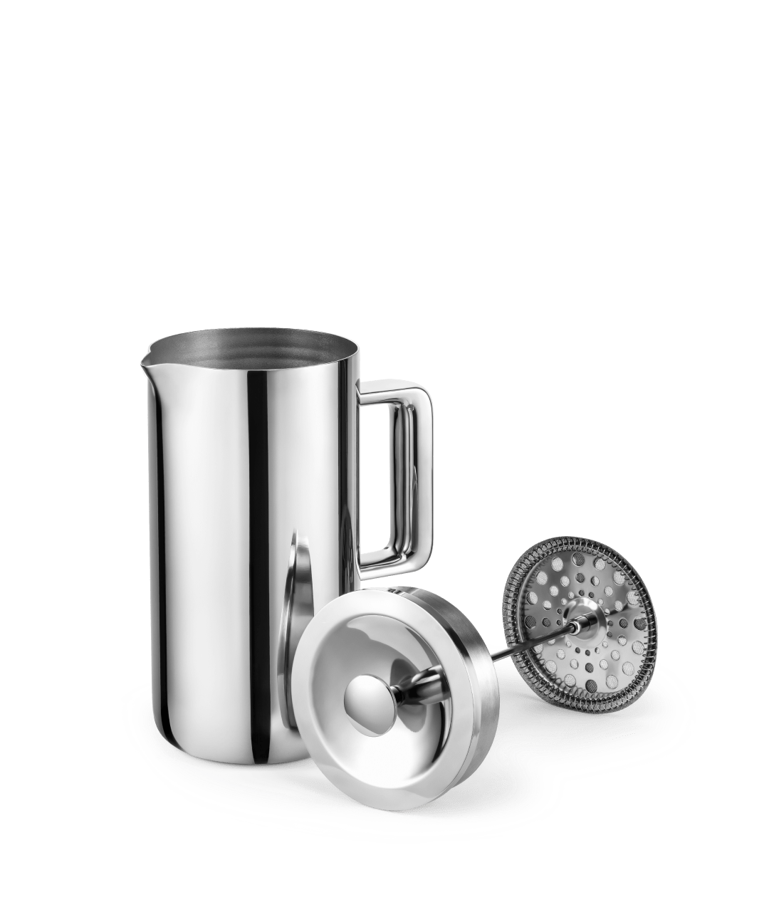 Aarke French Press in stainless steel disassembled with lid, plunger, and body visible.