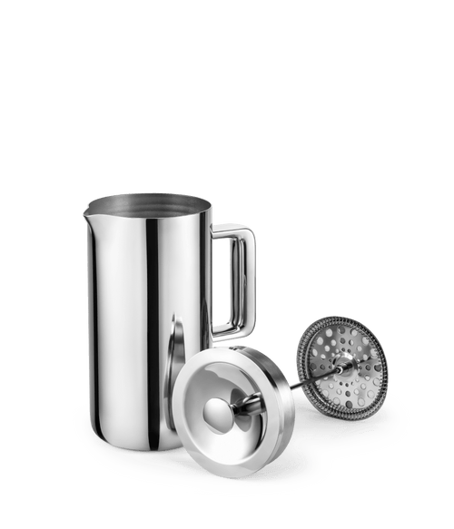Aarke French Press in stainless steel disassembled with lid, plunger, and body visible.