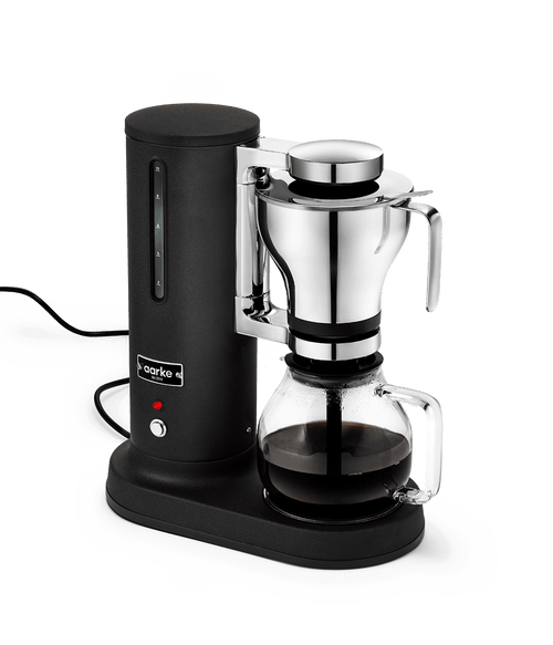Aarke Coffee Maker Coffee with matte black base and glass carafe on a white background