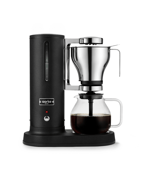 Aarke Matte Black coffee maker with glass carafe on a white background