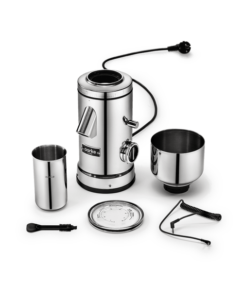 Aarke Coffee Grinder in stainless steel with all parts disassembled.