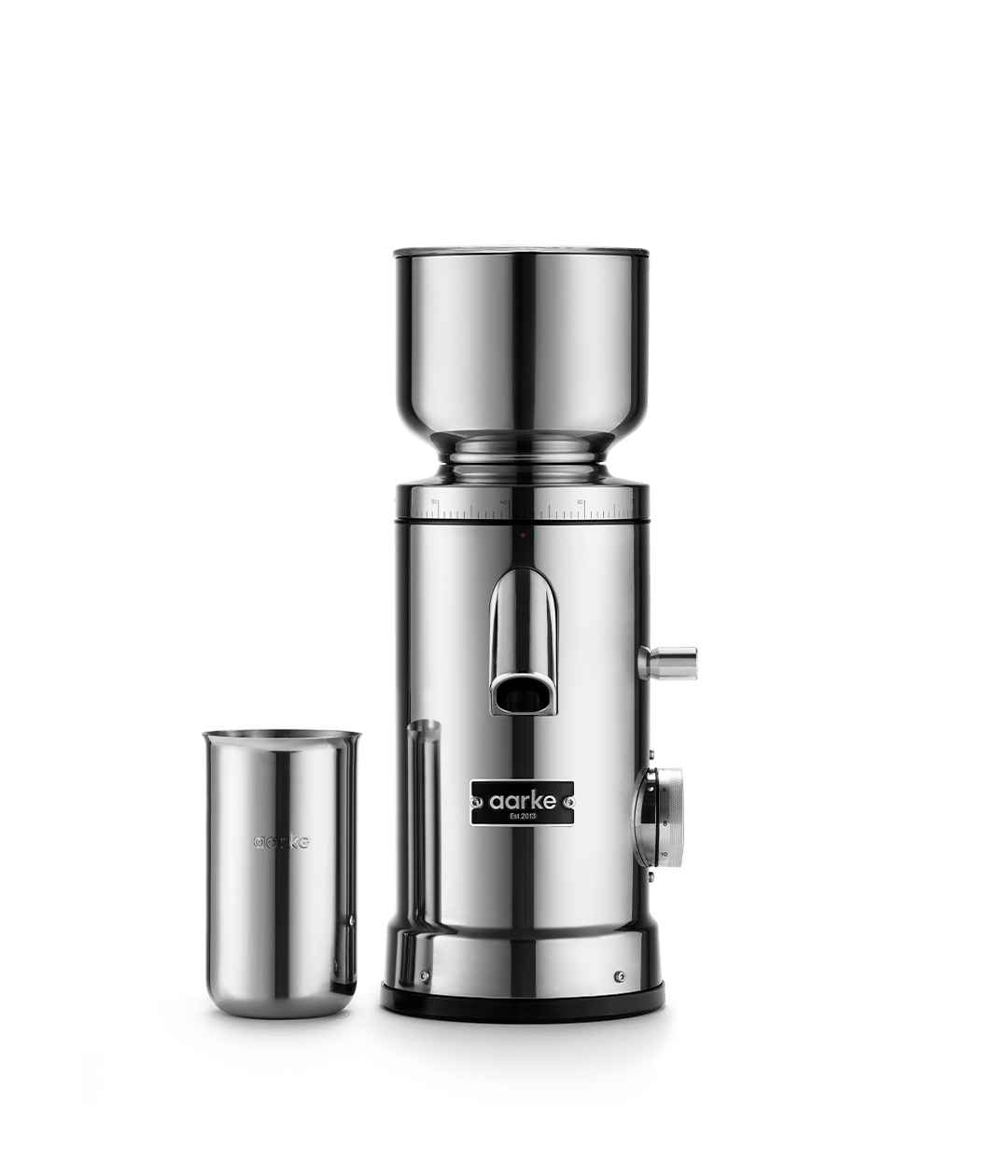 Front view of the Aarke Coffee Grinder in stainless steel.
