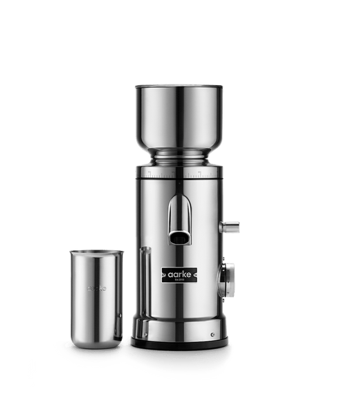 Front view of the Aarke Coffee Grinder in stainless steel.