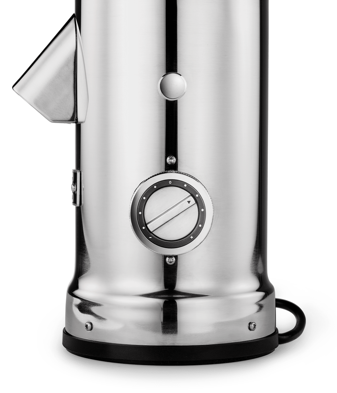 Close-up of the Aarke Coffee Grinder’s base, showing the grind size dial and power button design.