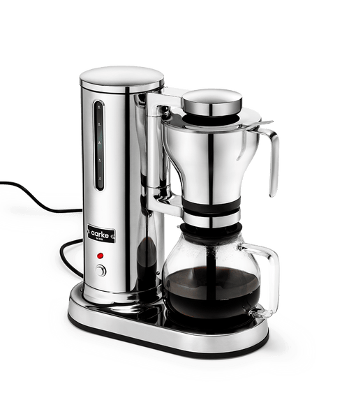 Side view of the Aarke Coffee Maker in stainless steel.