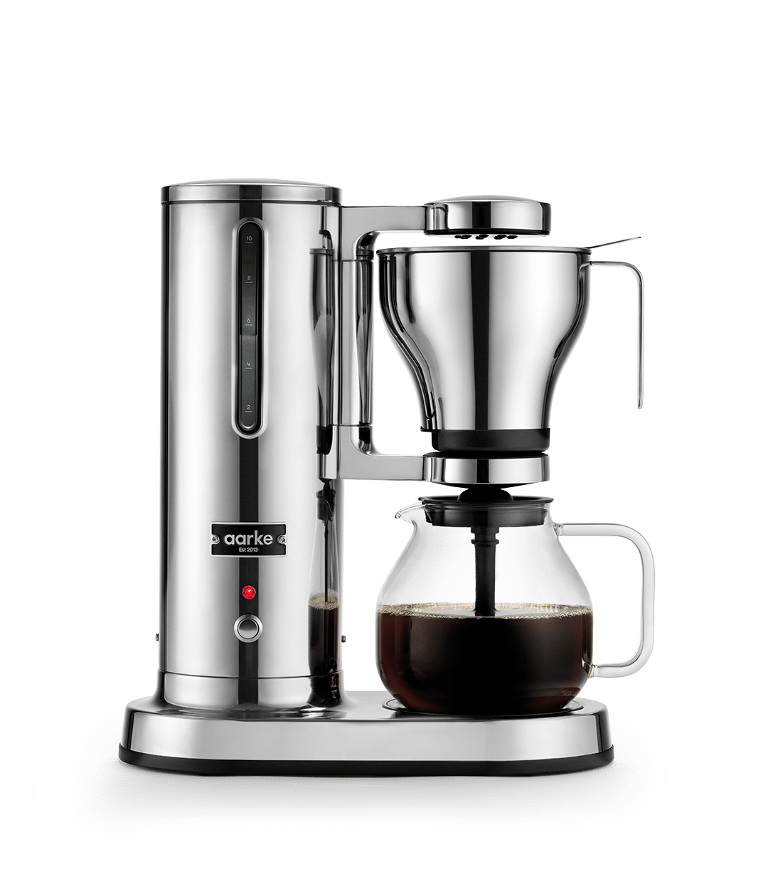 Front view of the Aarke Coffee Maker in stainless steel.