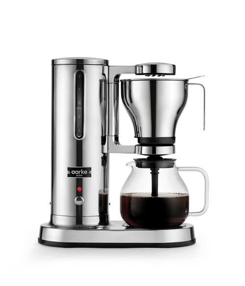 Front view of the Aarke Coffee Maker in stainless steel.