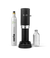 Front view of Aarke Carbonator Pro in matte black, accompanied by a CO2 gas cylinder and a glass bottle filled with sparkling water.