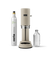 Front view of Aarke Carbonator Pro Sand, accompanied by a CO2 gas cylinder and a glass bottle filled with sparkling water.