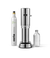 Front view of Aarke Carbonator Pro Steel, accompanied by a CO2 gas cylinder and a glass bottle filled with sparkling water.