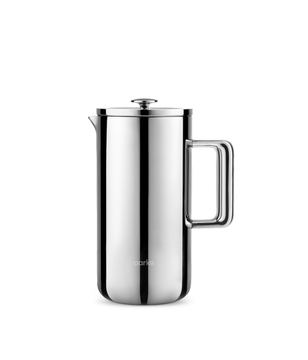 Front view of the stainless steel Aarke French Press with lid closed and sleek handle.