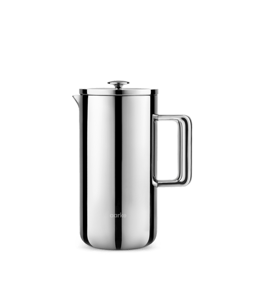 Front view of the stainless steel Aarke French Press with lid closed and sleek handle.