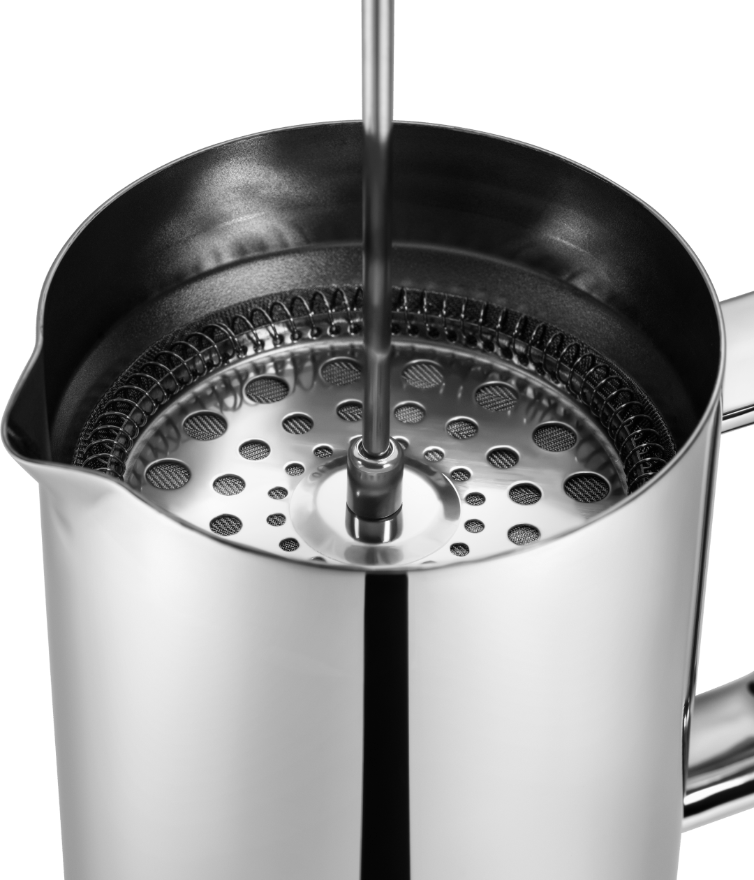 Close-up of the stainless steel Aarke French Press filter and plunger inside the carafe.