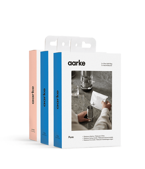 Three Aarke filter refill boxes in different colors, displayed side by side.