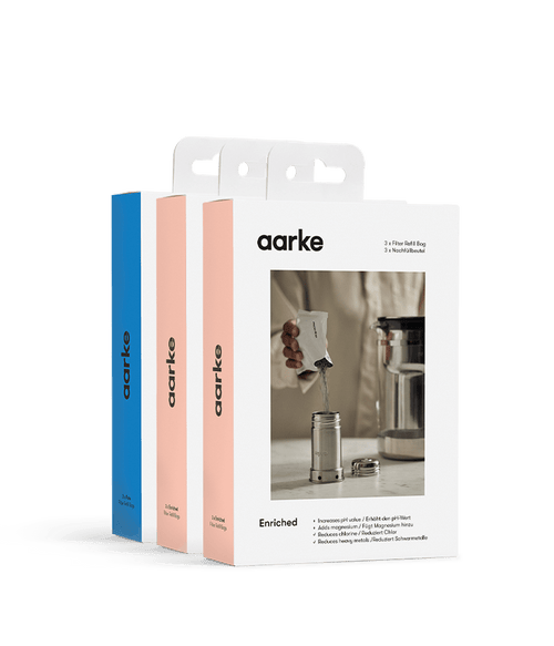 Three Aarke filter refill boxes in different colors, displayed side by side.