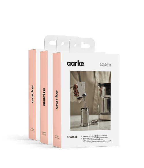 Three boxes of Aarke Enriched Filter Refill Bags, displayed side by side.