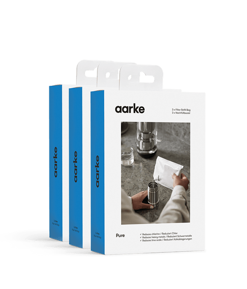 Three Aarke filter refill boxes in blue, displayed side by side.