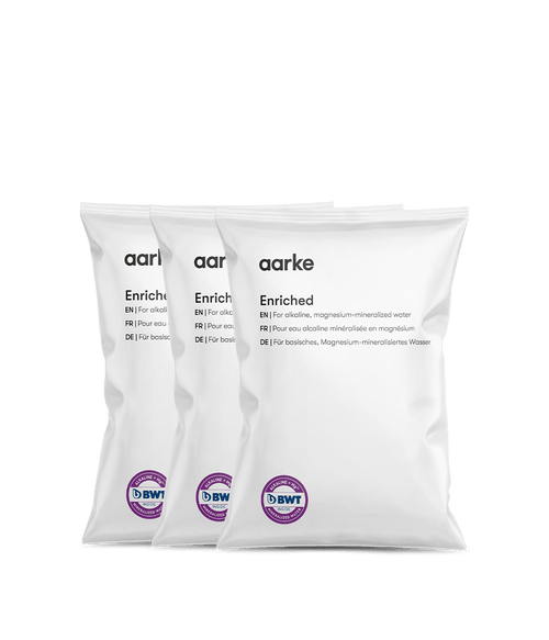 Three Aarke Enriched filter refill bags displayed side by side.