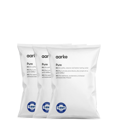 Three Aarke Pure filter refill bags displayed side by side.
