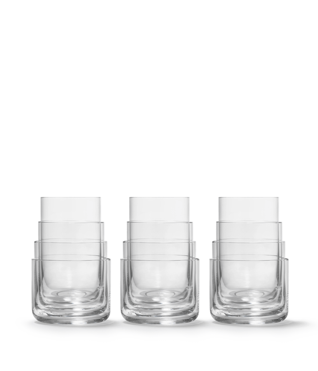 Three stacked sets of Aarke glass tumblers with a minimalist design.