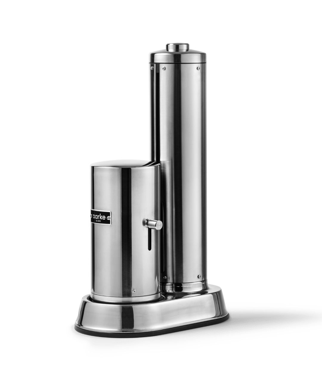 Side view of the Aarke Carbonator Pro in Steel with the safety chamber cover closed and carbonation lever visible.