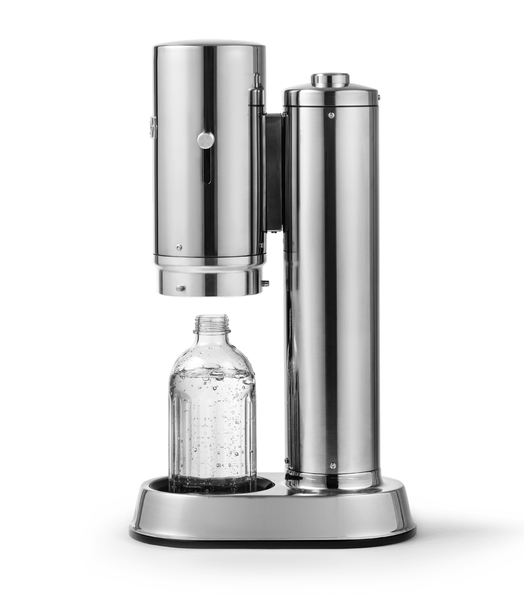 Side profile of the Aarke Carbonator Pro in Steel with a glass bottle, visible bubbles inside the water.