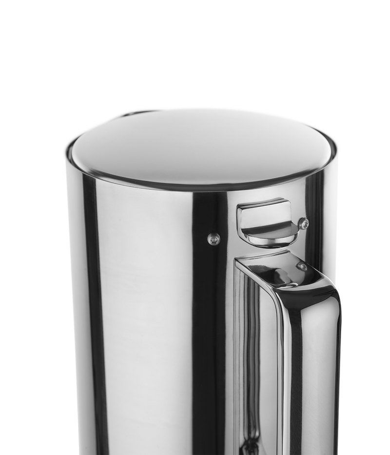 Aarke Stainless Steel Kettle. Close up of handle and release knob.