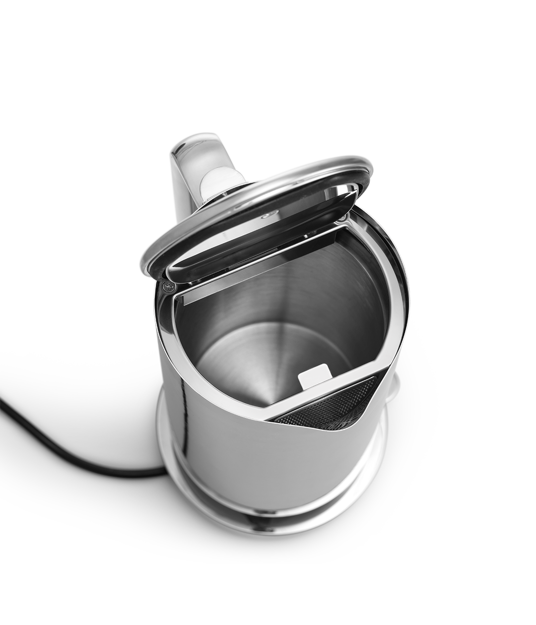 Aarke Stainless Steel Kettle. Top view with lid open.
