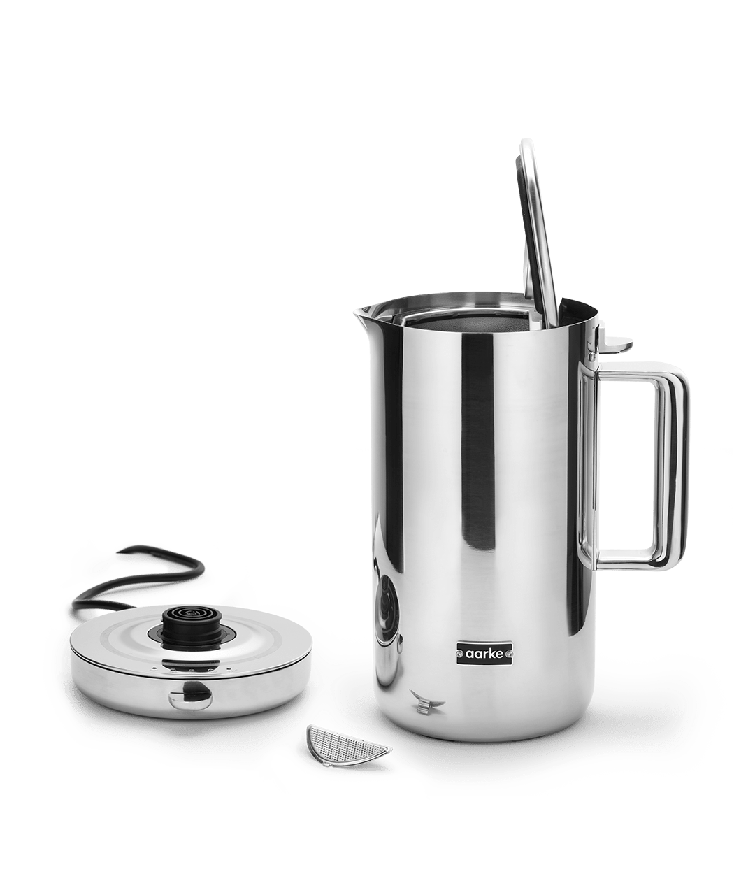 Aarke Stainless Steel Kettle. Base beside the open kettle.