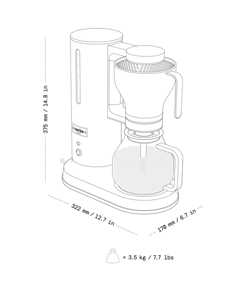 Illustration of the Aarke coffee maker with dimensions and weight.