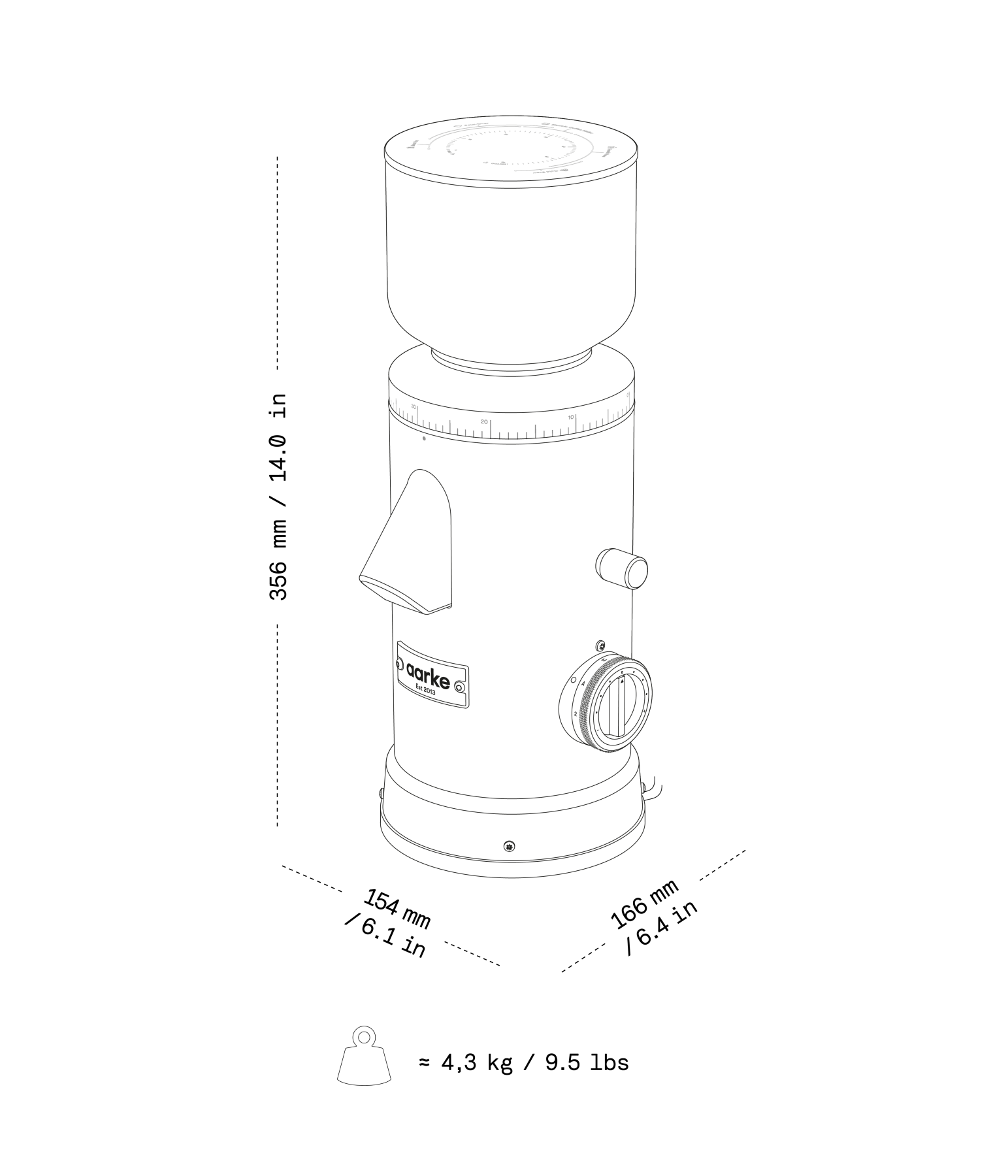 Illustration of the Aarke Coffee Grinder with dimensions and weight.