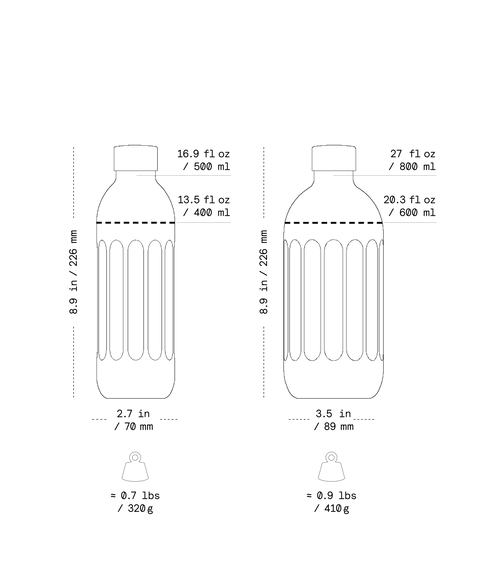 Technical drawing of two water bottles with measurements and weights.